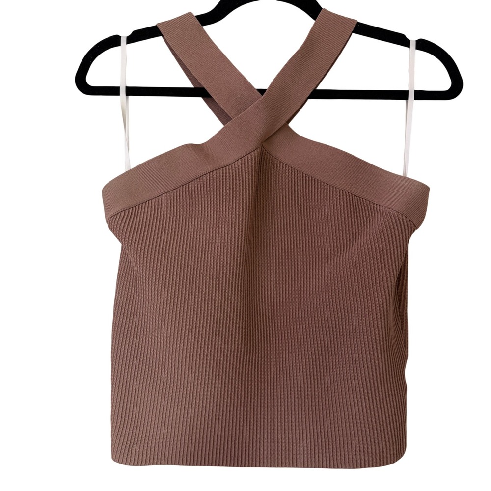 Aritzia Babaton Sculpt Knit Criss Cross Halter Top Mauve Brown Womens M EUC